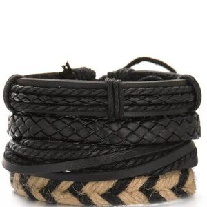 Men's Black Genuine Leather Rope Bracelet Set